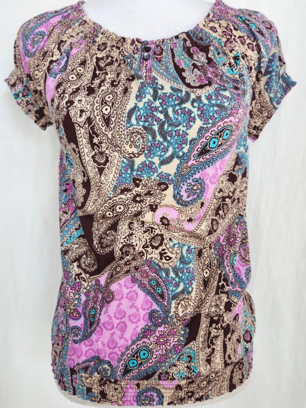 Chaps Petites Short Puff Sleeve Cotton Blouse Top Size PXS Paisley
